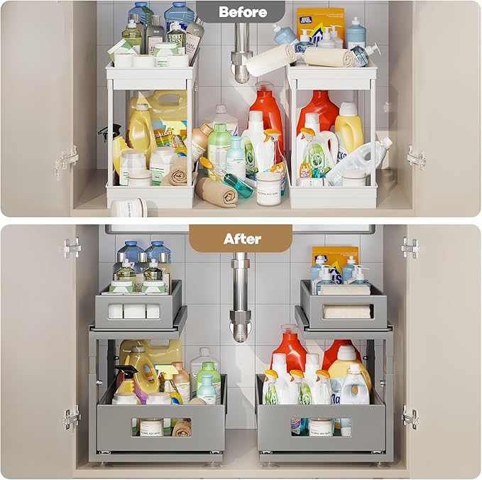 Corbyles 2 Pack 15.74IN-Depth Under Sink Organizer With Next-Gen Ball-Bearing Slides, 2-Tier Pull Out Cabinet Storage, Height Adjustable Drawer Shelf for Bathroom, Kitchen, Laundry, Cabinet, Pantry - Gun Gray