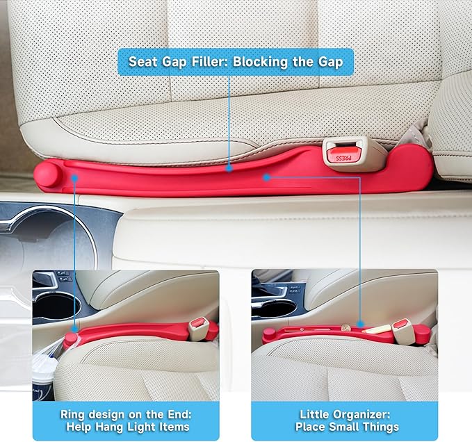Car Seat Gap Filler Set of 2, 3IN1 Seat Side Gap Filler Plug with Storage Slot & Hook Function, Soft Foam Universal Fit Car SUV Truck Fill Gap Between Seats Console Organizer (Narrow Red)