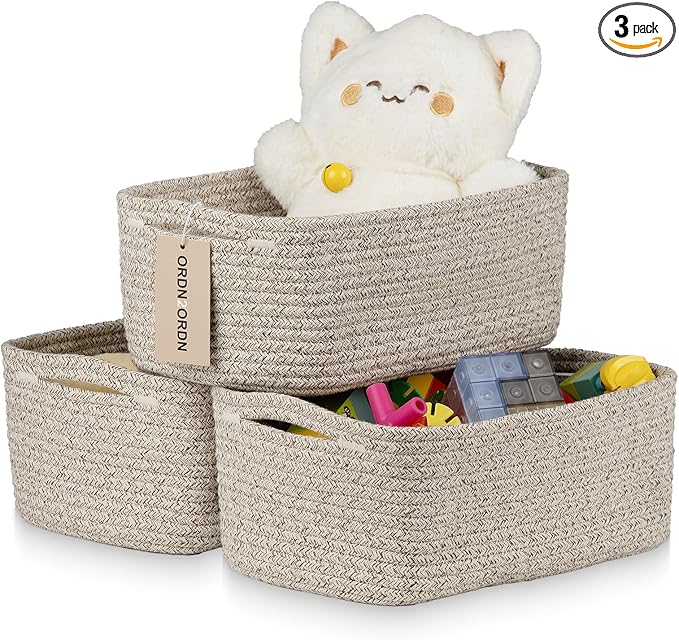 Ordn2Ordn Small Storage Baskets for Organizing, Woven Storage Bins for Shelves, Empty Gift Basket, Cute Decorative Closet Organizer, Baby Rope Basket, Dog Toy Storage, 11x7.5x4.5”, 3-Pack Mixed Brown