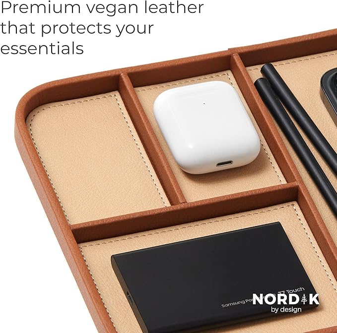 Nordik Leather Valet Tray - Sand Brown - Premium Vegan Leather Stylish and Organised Nightstand Tray for Men - EDC Catchall Tray for Keys, Watch, Wallet, Jewellery - Modern Bedside Caddy