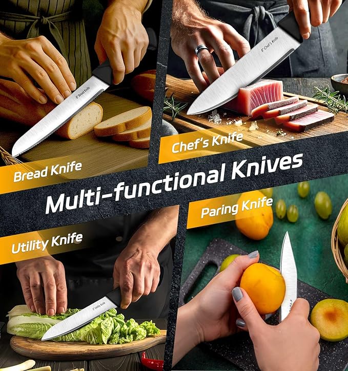 Knife Set, 14-Piece Kitchen Knife Set, German High Carbon Stainless Steel, Durable Knife Block, Black