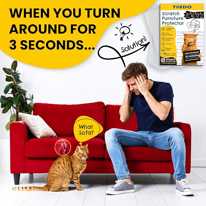 TREDO Cat Scratch Furniture Protector 14 Pack - Anti Scratch Couch Protectors for Cats - Transparent Guard for Sofas Chairs - Includes 50 Bumper Pads - No Pins Needed