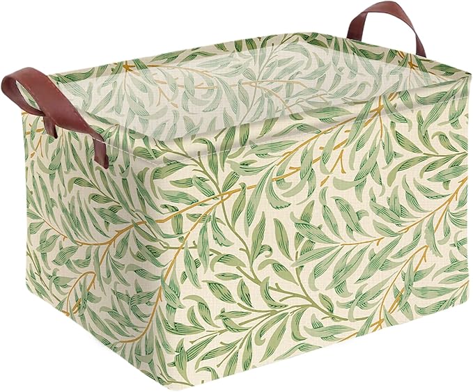 Green Plant Storage Basket Waterproof Canvas Toy Storage Bin Green Floral Room Decor Collapsible Outdoor Basket with Leather Handles Greenery Decor Blanket Baskets For Closets,Bedrooms,Gifts Baskets