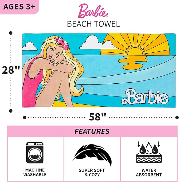 Barbie Super Soft Cotton Bath/Pool/Beach Towel, Barbiecore 58 in x 28 in, (Official Barbie Product) By Franco
