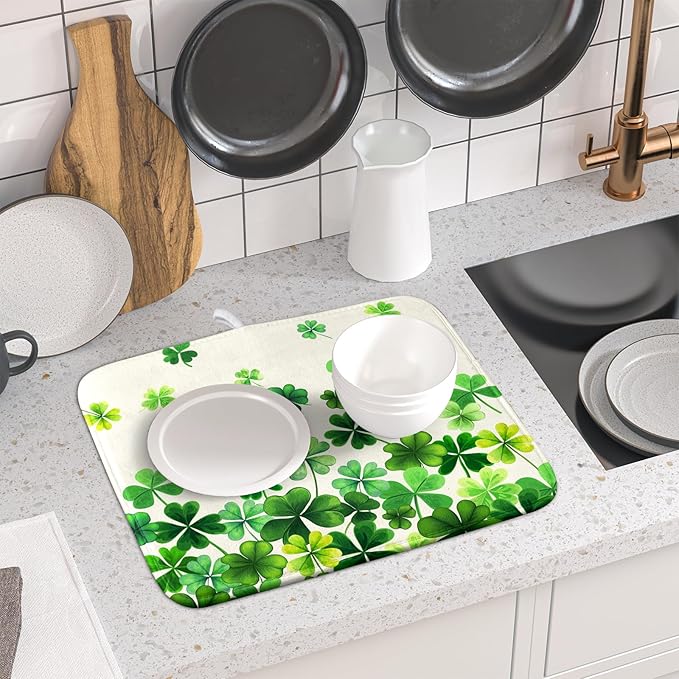 Spring Sage Green Shamrocks Drying Mat 16x18 Inch St. Patrick's Day Irish Shamrock Clover Dish Rack Pad Super Absorbent Dish Drainer Mat Dish Drying Pad Mats Protector for Kitchen Counter Coffee Bar