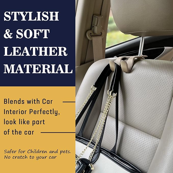 Upgraded Headrest Hooks for Purses and Bags, 2 in 1 Car Back Seat Head Rest Hanger Matching Cars Interior Genuine Leather Vehicle Storage Holder Hook, 1 Pack, Brown