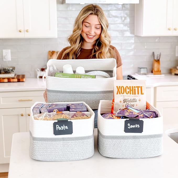 NaturalCozy Storage Baskets 16.8”x13”x7.6” Cotton Rope Woven Baskets for Organizing, 3-Pack | Toy Storage Bins | Basket for Shelves, Laundry, Blanket, Clothes, Closet, Kitchen, Bathroom, Gifts