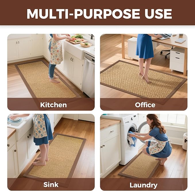 YDKGL Anti Fatigue Kitchen Rugs Mat Non Slip Washable, 0.4" Thick Soft Cushioned Absorbent Kitchen Mats for Floor, Jute-Like Woven Laundry Standing Mats Sink Mat, Easy Clean Care, Brown 17"x30"