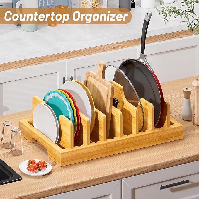 Kiasthome Bamboo Pot and Pan Organizer, Pot Lid Organizer Holder Rack for Countertop Drawer, Kitchen Cabinet Organizer with 7 Adjustable Dividers for Pots, Pans, Baking Sheets, Cutting Boards, Nature