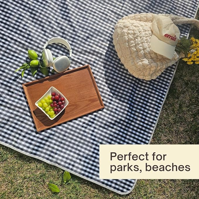 Cute Gingham Picnic Blanket, Waterproof Foldable, in Large 80x60in and Extra Large 80x80in, Portable Compact Beach Blanket, Oversized XL Outdoor Mat (Black, X-Large)