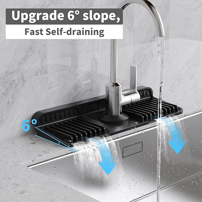 WAFT YEARN 14X5 Inch Silicone Durable Faucet Mat Kitchen Sink Splash Guard Draining Protector Tray Liner Absorbent Protective Counter Accessories For Sink Kitchen Bathroom Laundry Room Bar & RV Black