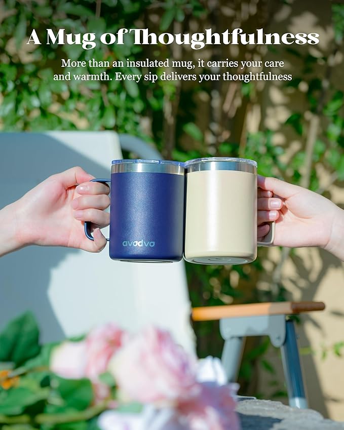 12oz Insulated Coffee Mug with Lid – Includes Two Lids, Stainless Steel Coffee Travel Mug with Handle, Double Wall Vacuum Insulated Camping Mug for Home, Office & Outdoor, Brown