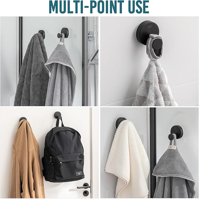 TAILI 304 Stainless Steel Bathroom Suction Hooks for Towel, Bathrobe, Loofah, Patented Strong Suction Cup Holder, No Damage Hanging Glass Shower Wall Hook, Classic Round, 2 Pack, Black