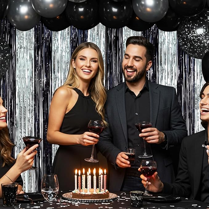 BEISHIDA 2Pcs Black Silver Door Streamers Congrats Grade 2025 Decoration Backdrop Foil Fringe Tinsel Party Streamers Curtains for Birthday Graduation Bachelorette Party Decoations (3.28 ft x 6.56 ft)