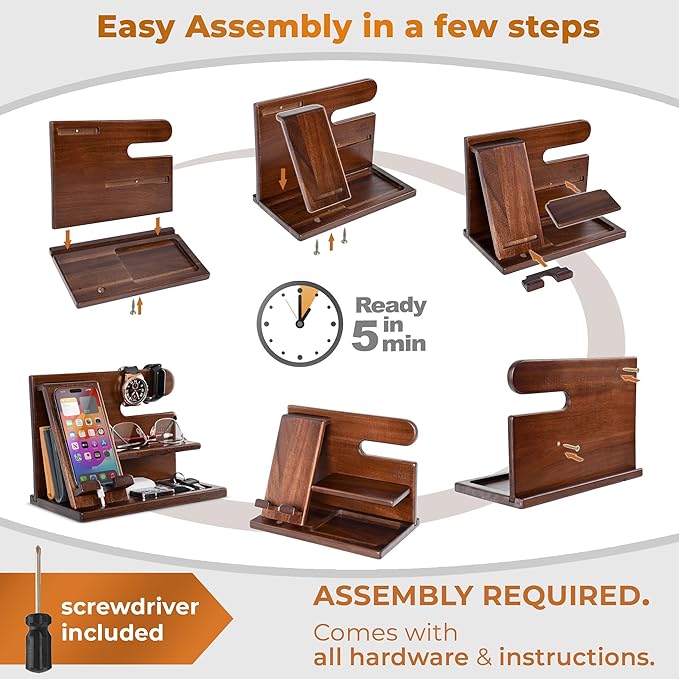TESLYAR Wood Phone Docking Station for Men - Desktop or Nightstand Organizer - Birthday Gifts for Men, Dad - Anniversary Idea from Wife - Key Holder, Stand Wallet, Watch & Essentials (Chestnut)