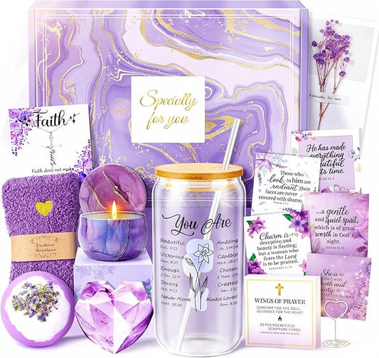 Christian Gifts For Women Faith - Inspirational Religious Birthday Gifts, Purple Spiritual Baptism Baskets For Mom, Grandma, Wife, Mothers, Best Friend, Sister,Catholic&Encouragement Birthday Baskets