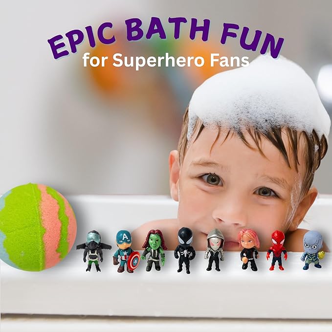 EvolutionUSA 1pc Purple Epic Superhero Bath Bombs for Kids, Super Hero Bath Bomb with Toy Inside, Lush Children Bathbomb, Organic Bathbomb with Surprise Inside, Fizzy Fun Superhero Bath Ball