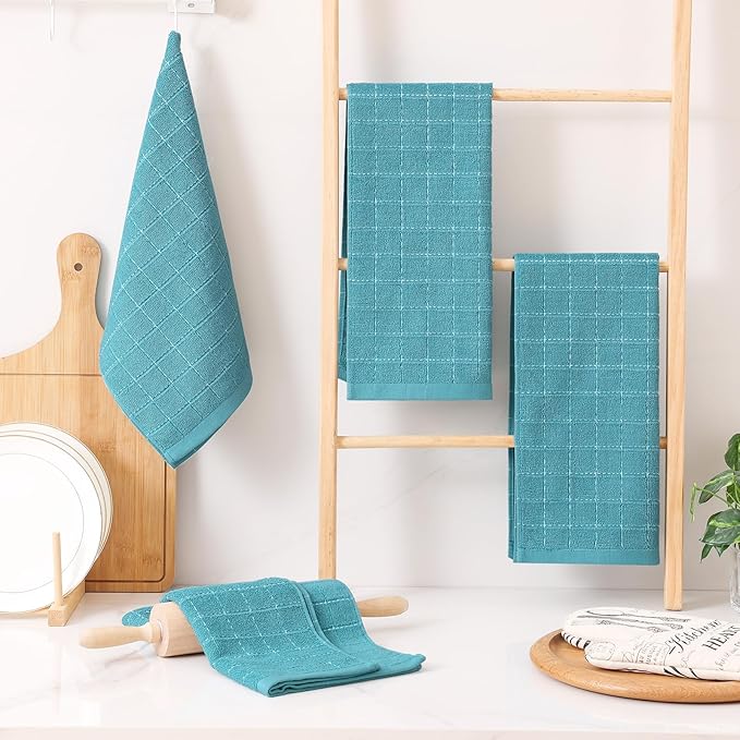 Homaxy 100% Cotton Terry Kitchen Towels(Lake Blue, 13 x 28 inches), Checkered Designed, Soft and Super Absorbent Dish Towels, 8 Pack