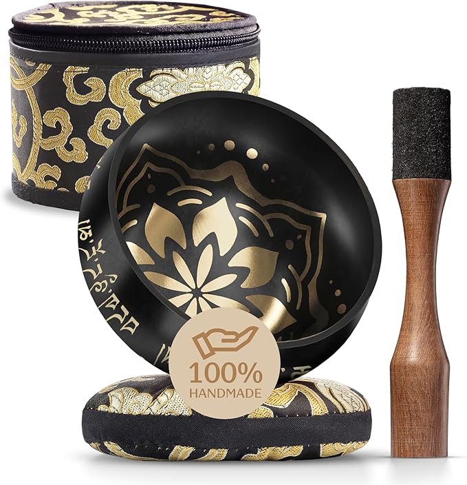 Handmade Tibetan Etched Singing Bowl Set with Case – Meditation Bowl & Sound Bowl with Cushion, Mallet & Guide – Stress Relief Instruments – Yoga Therapy Tools – Mindfulness Gift Set