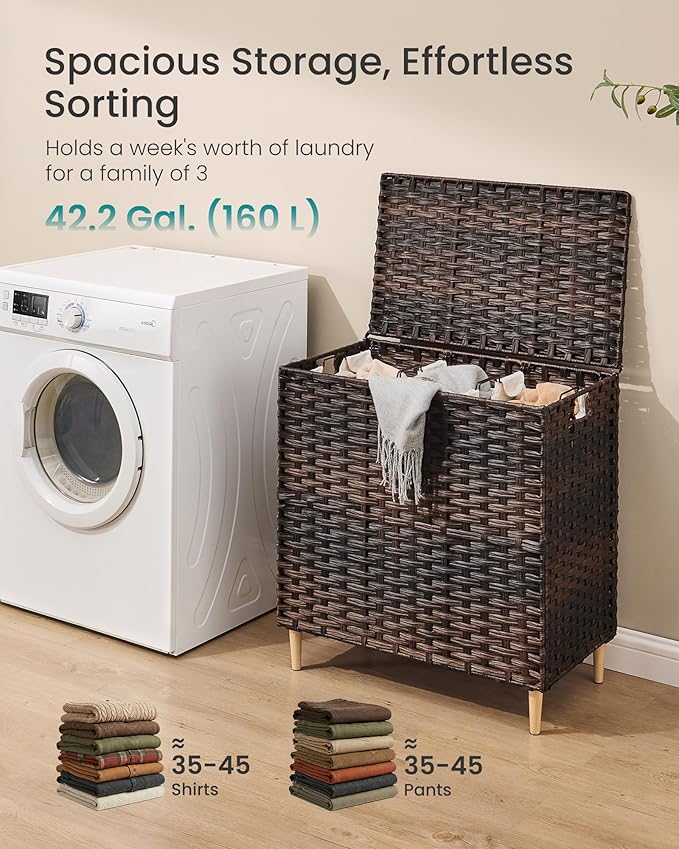SONGMICS Laundry Hamper with Lid, 42 Gal. (160 L) PE Rattan Laundry Basket with Lid and Handles, Natural Material, Removable Machine Washable Liner, Chestnut Brown ULCB223ME01