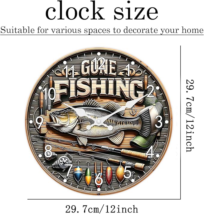 Fish Clock for Kitchen Round Small Wall Clocks Battery Operated 12 Inch Non Ticking Wall Clock Silent(No Solid Wood, It is with MDF Material)
