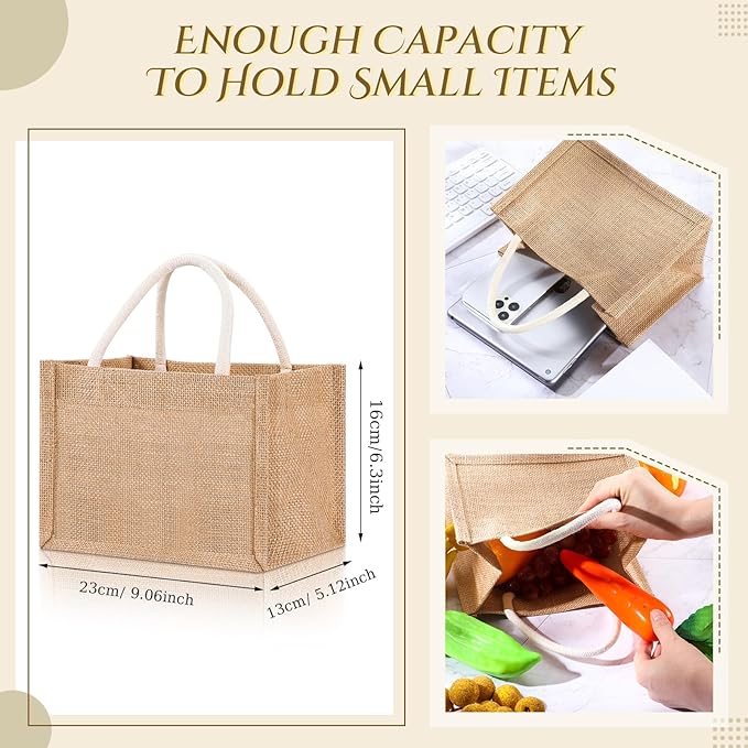 Cunno 12 Pcs Burlap Tote Bag Mini Jute Reusable Bag with Handles Small Blank Canvas Gift Waterproof for Wedding Beach DIY