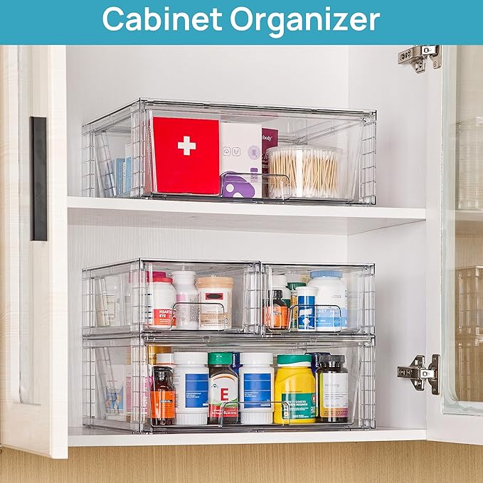 Vtopmart Clear Stackable Storage Drawers Set of 6, Easily Assemble Acrylic Bathroom Undersink Organizers, Plastic Storage Bins for Closet, Cabinet, Pantry, Medicine Organization