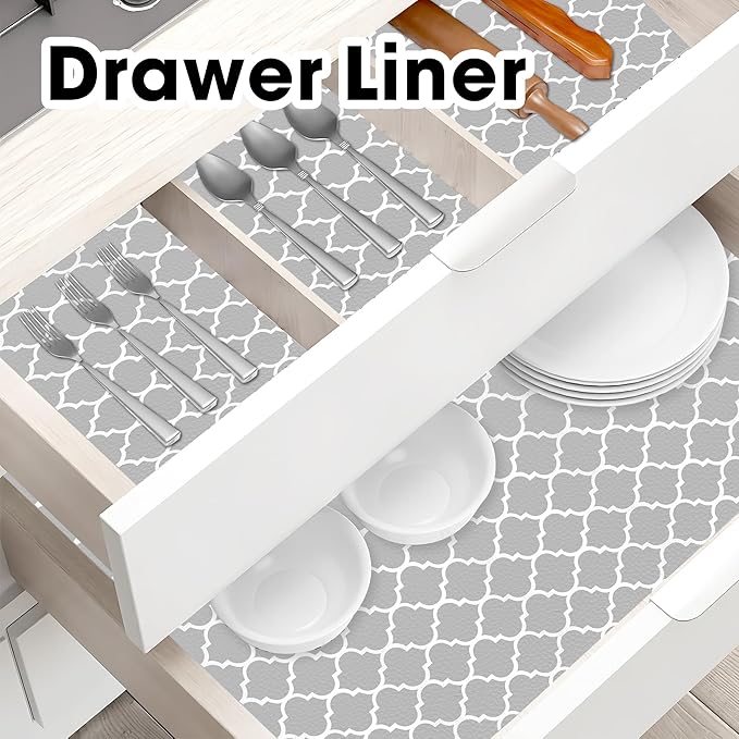 Gopas Drawer and Shelf Liner for Kitchen Cabinets Non-Adhesive, Non-Slip Cabinet Liner Shelf Paper Strong Grip Waterproof Easy to Clean for Kitchen Shelves Cupboard, Gray Lantern,12IN X 30FT