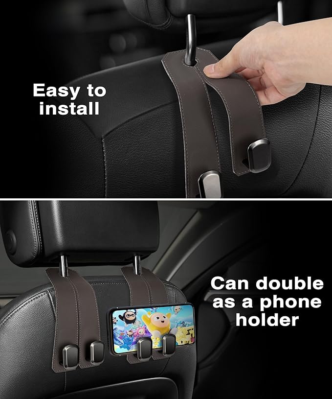 VETERBONE Car Hooks for Purses, 4PCS Car Purse Holder Hook Luxurious Leather 100% Metal Car Hooks for Headrest Multifunctional Car Hangers for Seat Car Seat Back Storage Hook Accessories (Brown)