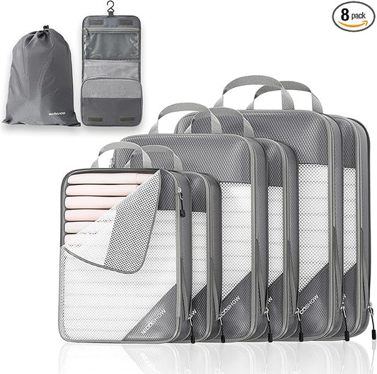 Compression Packing Cubes 8 Set, Compressible Space-Saving Packing Cubes for Travel - Compression Bags, Luggage Organizer, Travel Essentials for Women, Beige