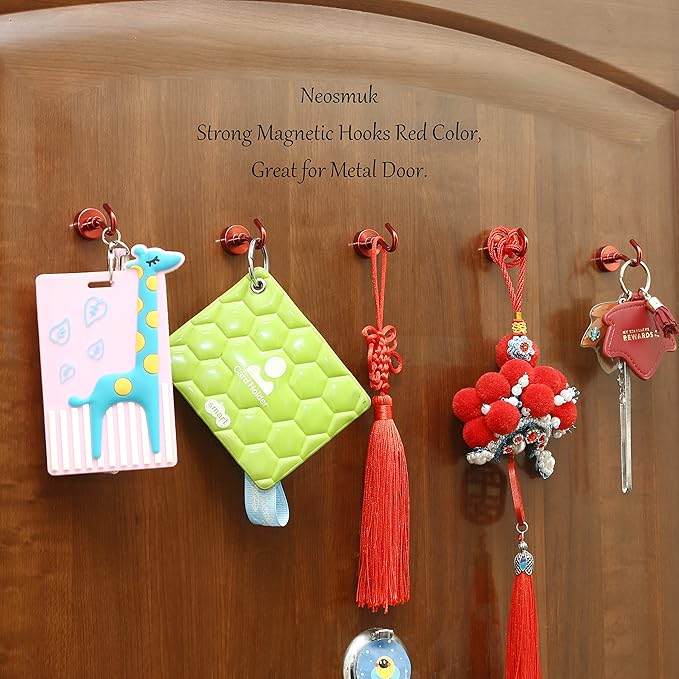 Neosmuk Magnetic Hooks, Heavy Duty 30lb+ Strong Magnet Hook for Cruise Cabins, Cruise Ship Essentials for Hanging, Metal Wall Refrigerator Hangers (Red, 15 Pack)