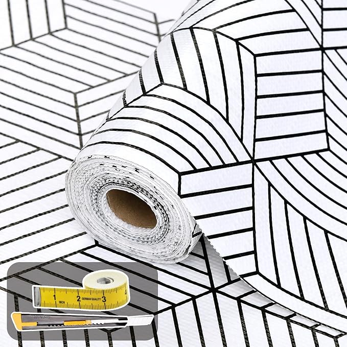 Shelf Liners for Kitchen Cabinets 12in x 30FT, Non Adhesive Cabinet Liner Strong Non-Slip Thickened Black White Geometric Drawer Liner, Easy to Clean for Shelf, Cabinet with Knife and Tape Measure