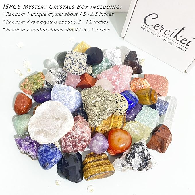 15 Pcs Mystery Crystals and Healing Stones, Natural Healing Crystals Surprise Gift Set for Meditation, Reiki, Home Decor