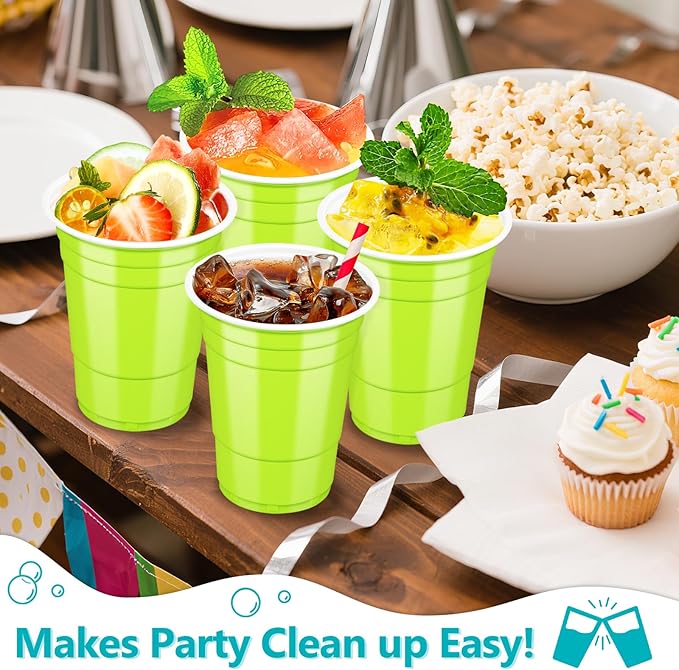 LANLISA 100 Lime Green Plastic Cups, 16 oz Disposable Cups, Drinking Cups For Halloween, Summerween, Christmas Party Supplies