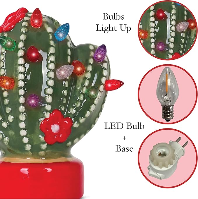 Milltown Merchants Ceramic Christmas Tree Night Light - Plugin Christmas Tree with Lights - Lighted Vintage Ceramic Tree - Mini Christmas Tree Decorative Night Light (Cactus)