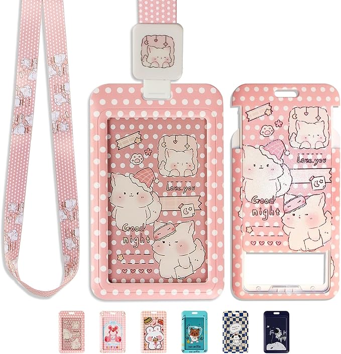 Cute ID Badge Holder with Clip Badge Reels and Lanyards with Badge Reel with 15-inch Pull Cord for School, Teacher, Student, Women, Men (Kitten)