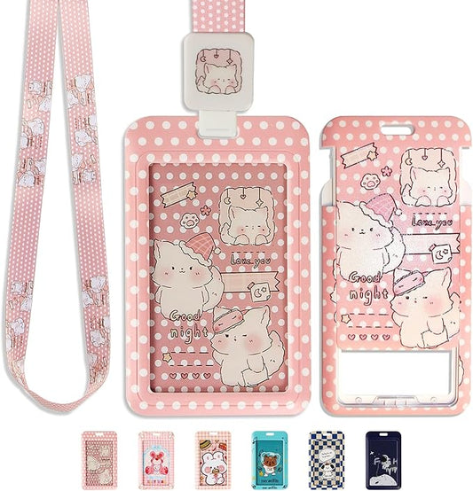 Cute ID Badge Holder with Clip Badge Reels and Lanyards with Badge Reel with 15 inches Pull Cord for School, Teacher, Student, Women, Men (Kitten)