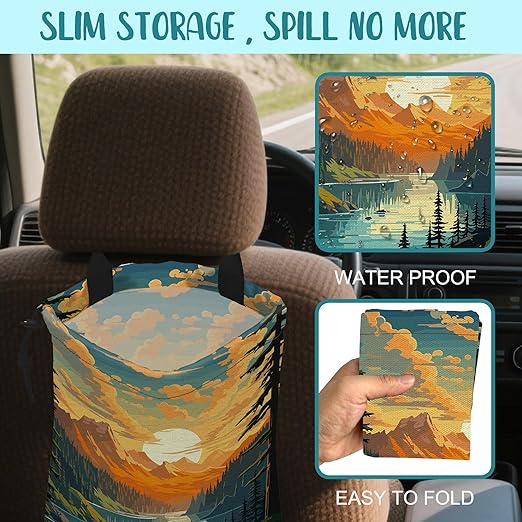 KXWQTRDD Car Garbage Bag Mountain Lake and Sunrise Drawstring Car Trash Bag Hanging for Back Seat with Adjustable Buckle Canvas Vehicle Trash Can Easy-to-Install