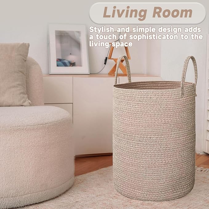 Large Woven Laundry Basket Hamper, 60L Cotton Rope Storage Bin for Blankets, Toys, and Clothes, Decorative Tall Nursery Hamper for Living Room, Baby Nursery, Bathroom, and Bedroom, Oatmeal