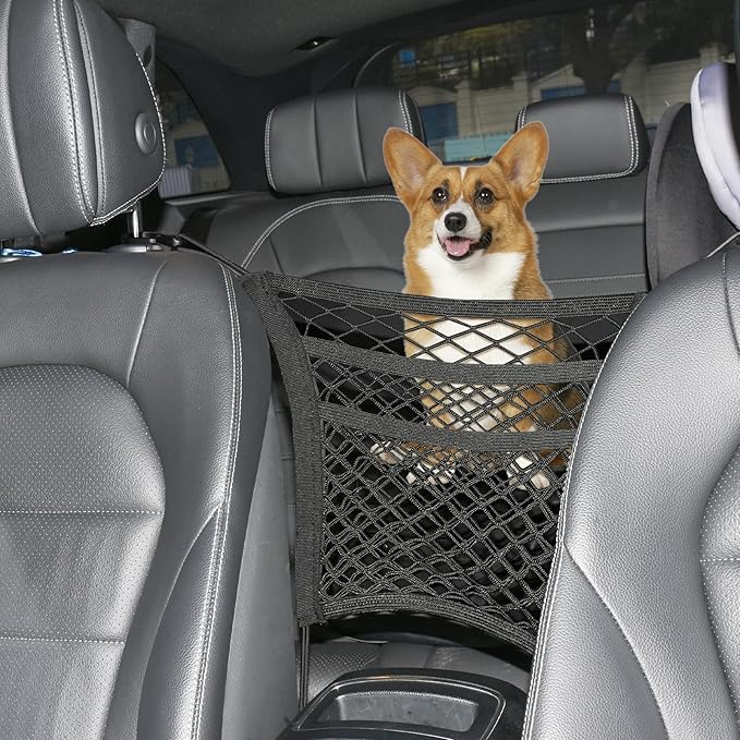 VEHIRIE 3-Layer Car Mesh Organizer Storage Between Front Seats Kid Dog Pet Net Barrier Car Net Pocket Elastic Tissue Purse Holder Netting for SUV, Van