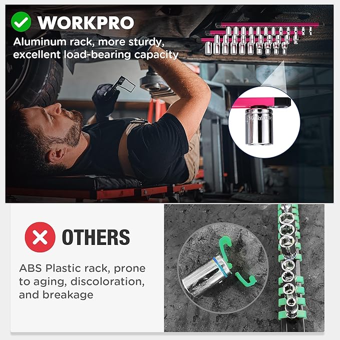 WORKPRO Magnetic Socket Organizer, 3/8-Inch Drive Aluminum Alloy Socket Rail, Heavy Duty Socket Holder, Socket Rack Kit 3/8-Inch x 10 Clips Rose Red (Socket not Included)