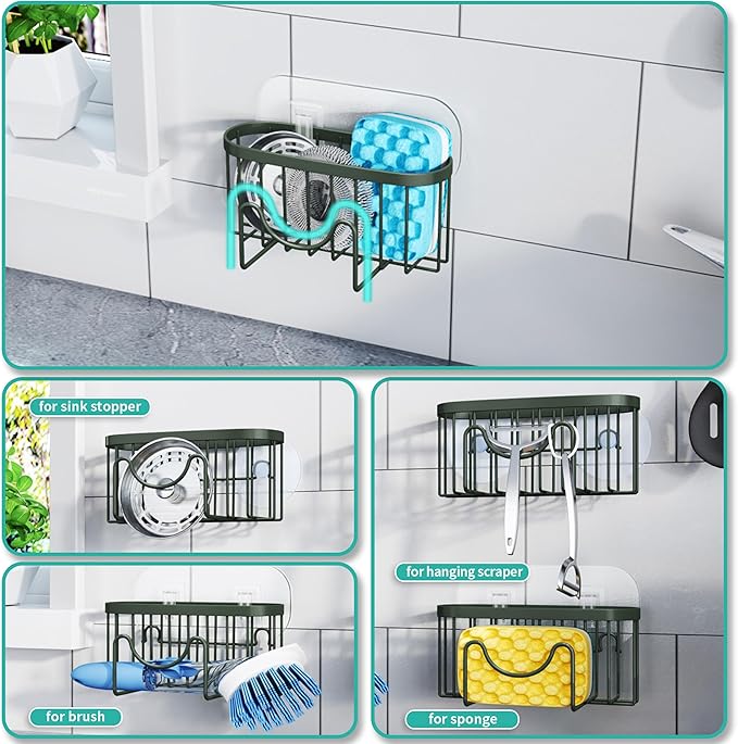 HapiRm Sponge Holder for Kitchen Sink - Sink Caddy with Unique M-Shaped Design, 2 Installation Methods Kitchen Organizer, Rustproof Stainless Steel Sponge Caddy - Green