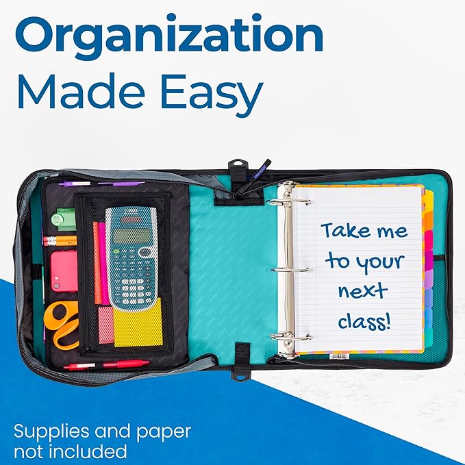 Case-it Mighty Zip Tab School Zipper Binder | 3-Inch O-Rings, 600-Sheet Capacity, 5-Subject Expanding File Folder, Multiple Pockets & Storage Organizer, Shoulder Strap | D-146 Spearmint