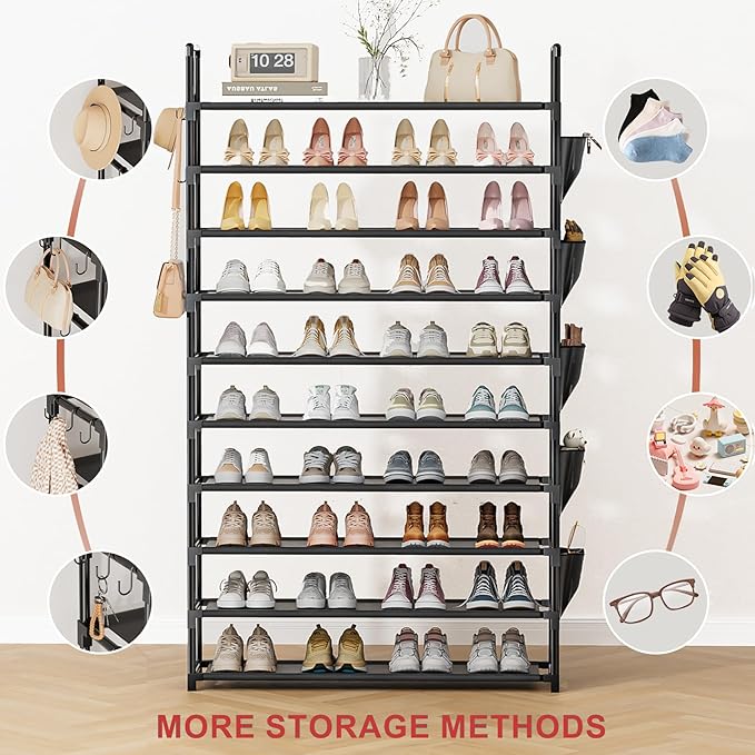Tall Shoe Rack 10 Tier Shoe Racks Organizer for Closet 40-45Pairs,Large Capacity Storage Rack for Shoes with 5Hooks,Sturdy Metal Shoe Shelf, Vertical Shoe Stand Tower