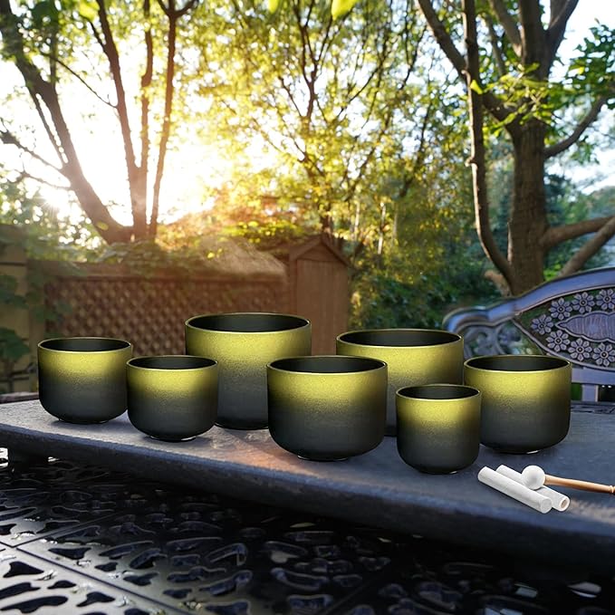 Ryan Dvan Crystal Singing Bowl Set 7-12 Inch, Black with Gold Frosted Quartz Sound Therapy Bowls with Mallets, O-Rings & 2 Carrying Cases — Chakra Healing, Reiki, Yoga, Meditation, Energy Balancing