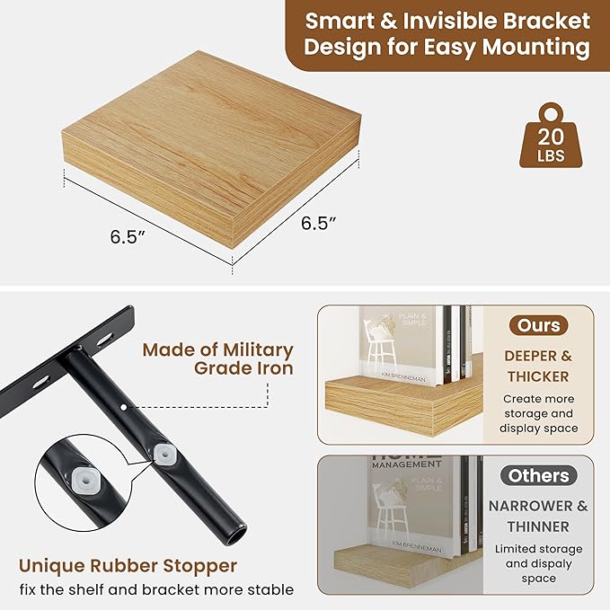 fuqing Floating Shelves for Wall, Wall Mounted Wood Floating Shelf with Invisible Brackets for Living Room, Bathroom, Bedroom, Kitchen Storage and Decor, 6.5 Inch Set of 3, Oak