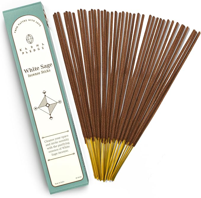 White Sage Incense Sticks, Organic Hand Dipped Incense, Natural Herbs & Aromatic Ingredients, Contain 40 Sticks Inside, Burn Time 45 to 60 Minutes, Spiritual Gifts, Serene Incense by Karma Pledge