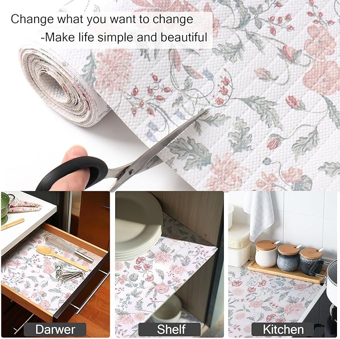 Floral Drawer and Shelf Liner for Cabinets, 12IN x 20FT Non-Adhesive and Strong Non-Slip Shelf Cabinet Drawer Liners for Kitchen, Table,Bookshelves,Waterproof Cupboard Liners,Easy to Clean