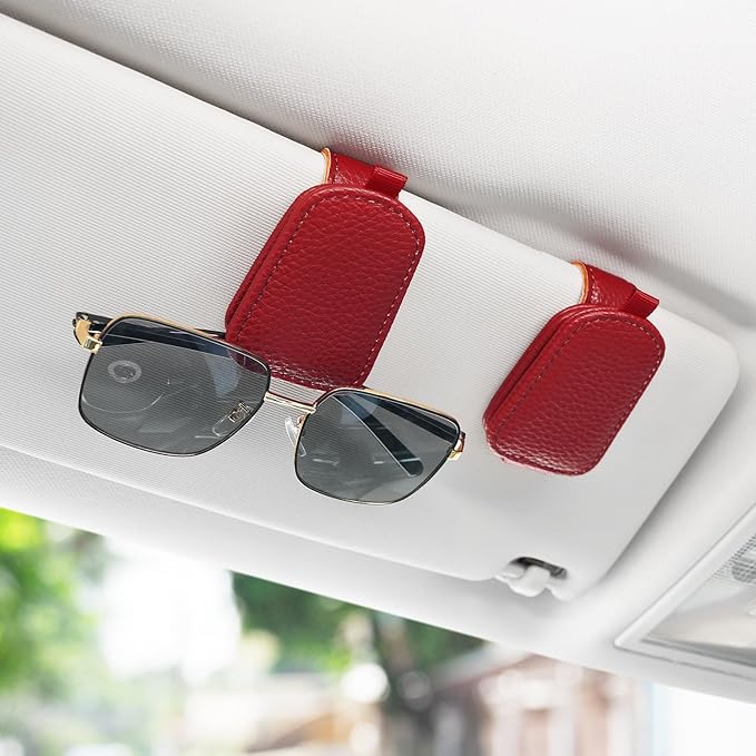 SINGARO Sunglasses Holder for Car, Leather Magnetic Buckle Sun Visor Sunglass Clip, Ticket Card Storage Glasses Clip, Car Interior Accessories for Men and Women (Red)