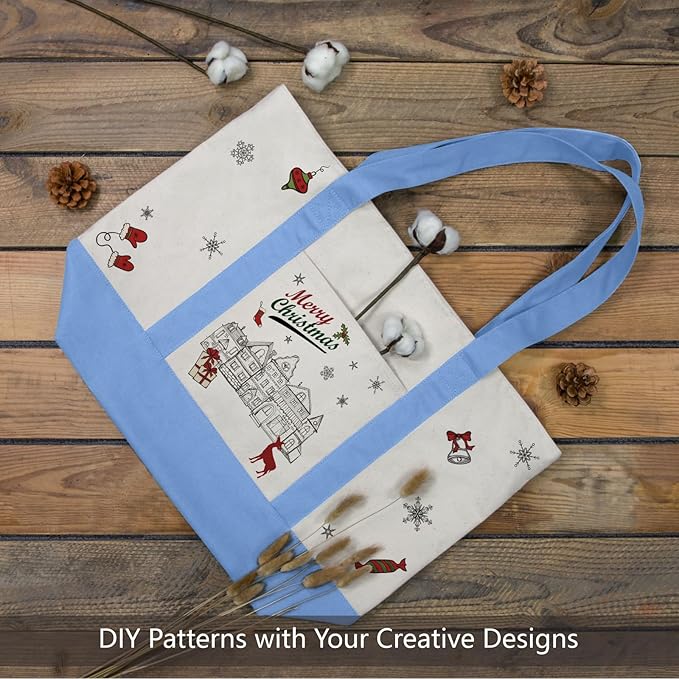 TOPDesign 3-Pack Canvas Tote Bags with an External Pocket, Reusable Grocery Shopping Bags, Top Zipper Closure, Daily Essentials (Light Blue/Natural)